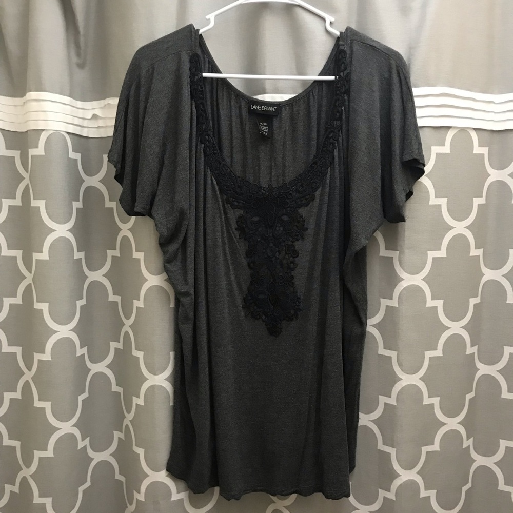 Lane Bryant Grey and Black Lace Scoop Neck Top